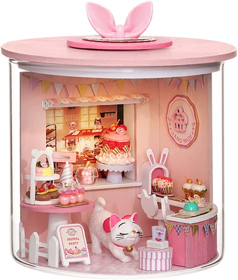 TOPBSFARNY DIY LED Lights Miniature Dollhouse Kit Street Shop Doll House Model Wooden Furniture for Valentine's Day Creative Gifts (Kitten Cake Shop)