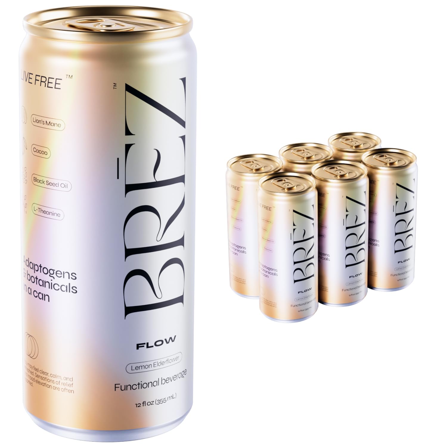 BREZ Flow Lion’s Mane Mushroom Drink, Non-Infused, Adaptogens, Relieving, Uplifting, and Social, Sparkling Lemon Elderflower Tonic 12 Fl oz (6-Pack)