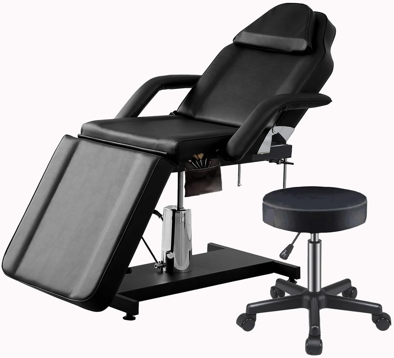 TRIOBLADE Hydraulic Massage Table Swivel Beauty Bed Adjustable 3-Section Massage Chair With Stool for Salon Spa Tattoo Swivel Massaging Bed Removable Armrests Headrest (Black Hydraulic Massage Table)