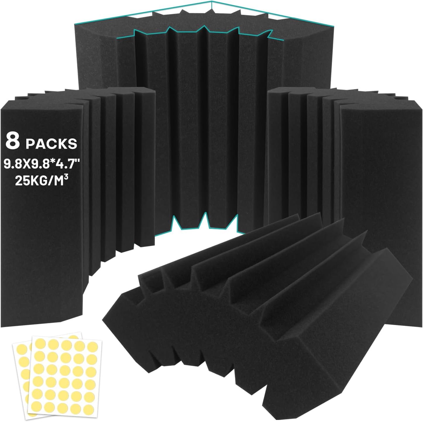 8 Pack - Bass Traps Acoustic Foam Corner, 9.8x9.8 * 4.7'' Black Bass Traps Corner Studio Foam, High Density and Fire-Proof Bass Traps Acoustic Panels Recording Studio Acoustical Treatments