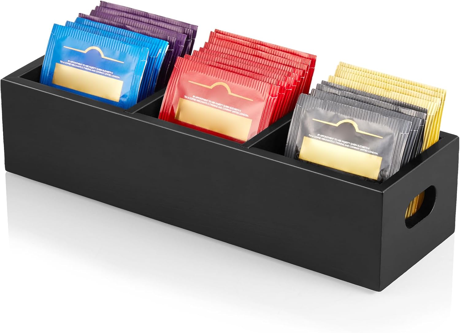 DRASTAR Tea Bag Organizer, Black Wooden Tea Bag Holder, Tea Storage Containers with 3 Slots, Sugar Packet Holder, Tea Bag Caddy Box for Countertop