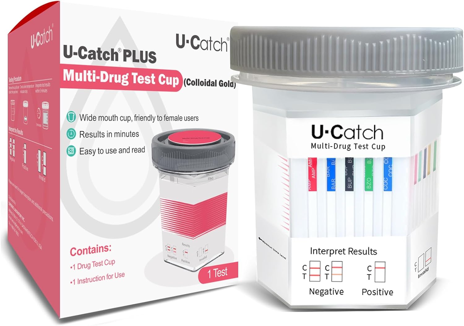 1 Pack-U-Catch Plus Multi-Drug Test Kit for All: 12 Panel Urine Test Cup Rapid Drug Test at Home for Marijuana(THC),AMP,BAR,BUP,BZO,COC,MDMA,MET,MOP,MTD,OXY,PCP