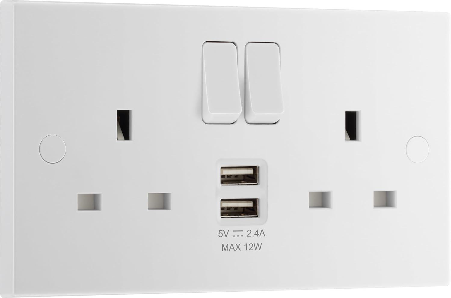 BG Electrical Double Switched Power Socket with Two Type A USB Charging Ports, 13 Amp, 12 Watts, White Moulded, Square Edge