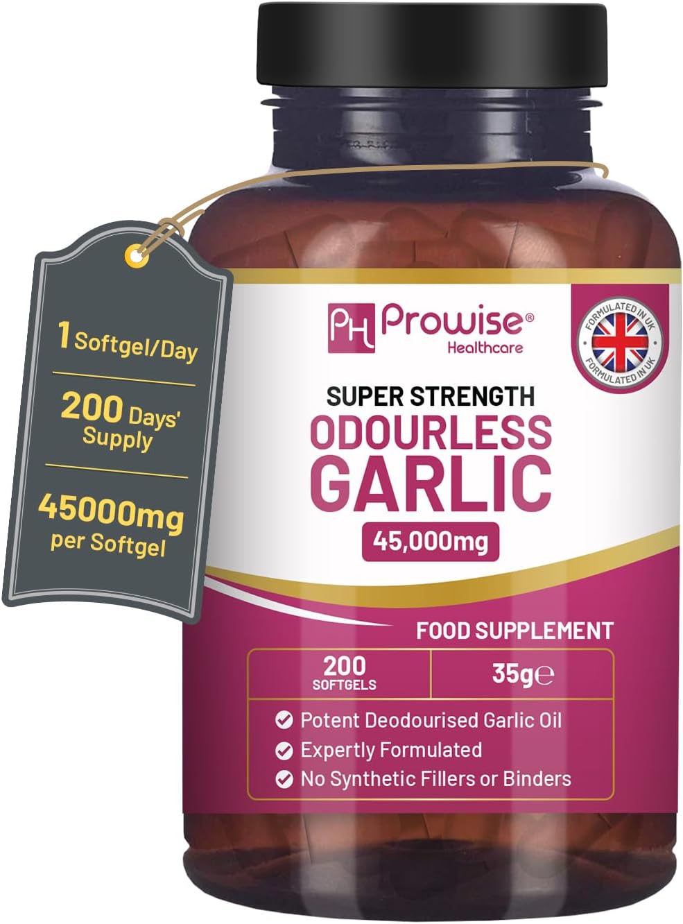 Odourless Garlic Capsules | 45,000mg per softgel | 200 softgels (not Tablets) Super High Strength | Cold Pressed and Deodourised Premium Garlic Oil Extract from Allium Sativum