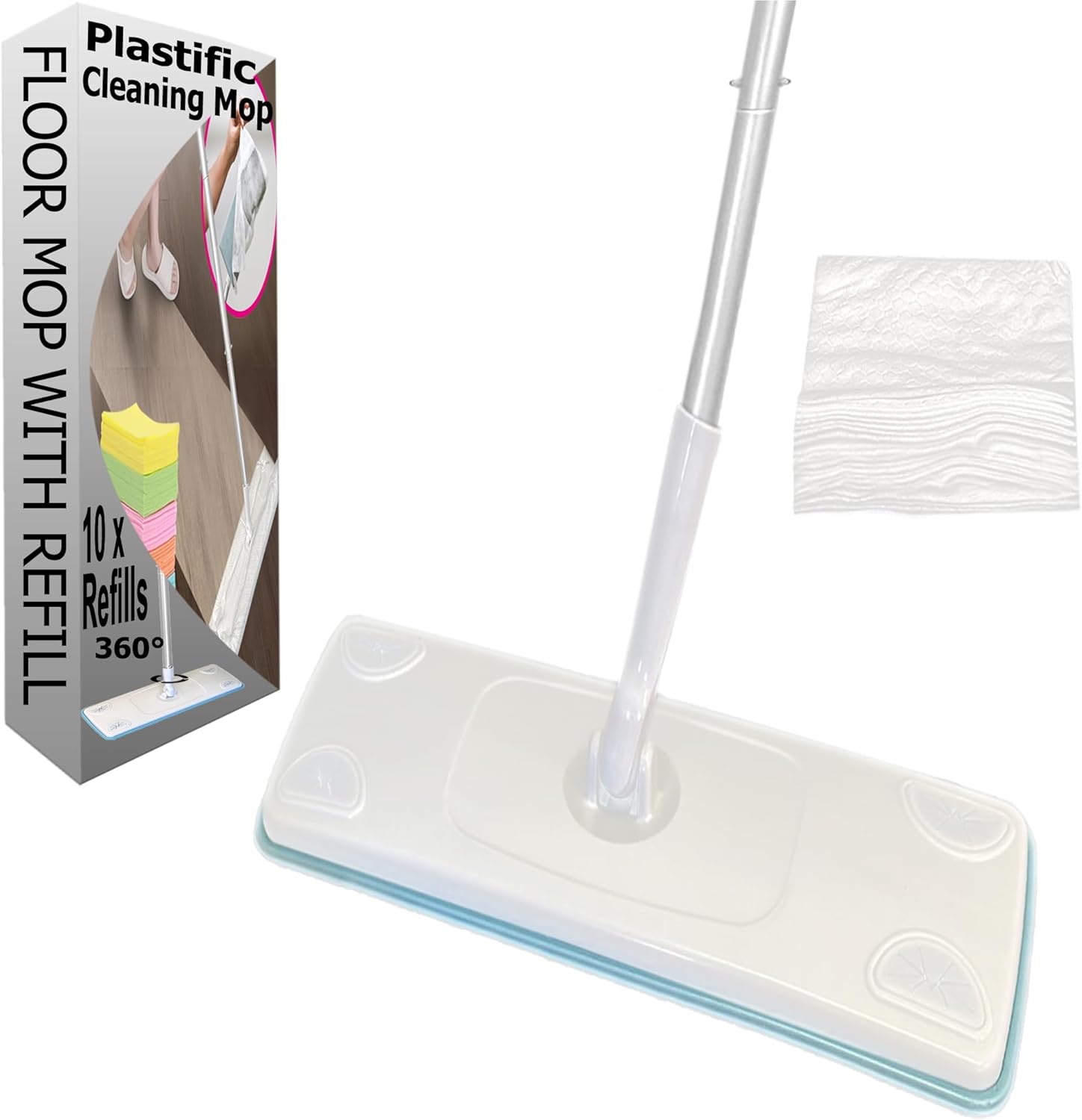 plastific Super Absorbent Microfiber Dust Mop With FREE 10 x REFILLS, Telescopic Handle Noodle Cleaner Sweeper Wooden Laminate Tile Floor Wet Dry (1 White Refills - 37.5*12*120m), Green