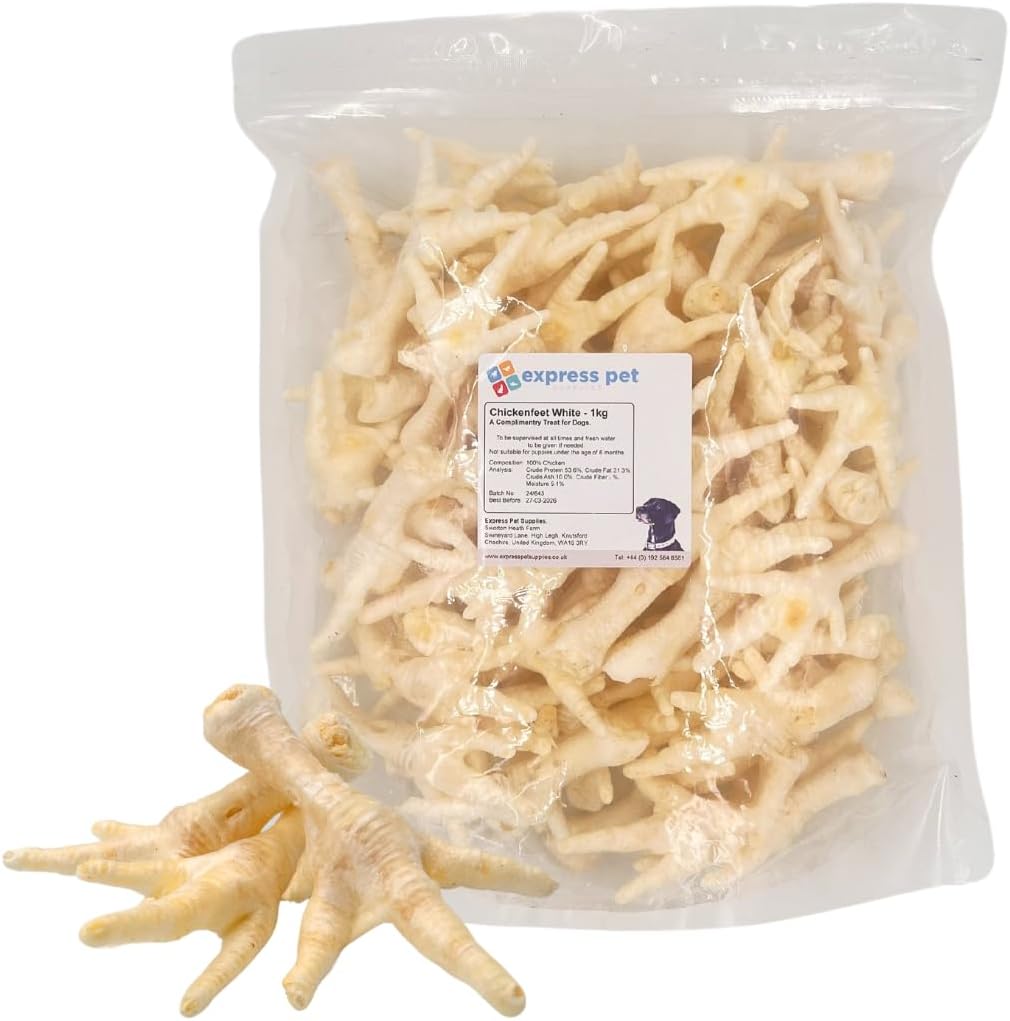 Express Pet Supplies 1kg White Puffed Chicken Feet Dog Treat Chew Low Odour & Very Clean (None Greasy)