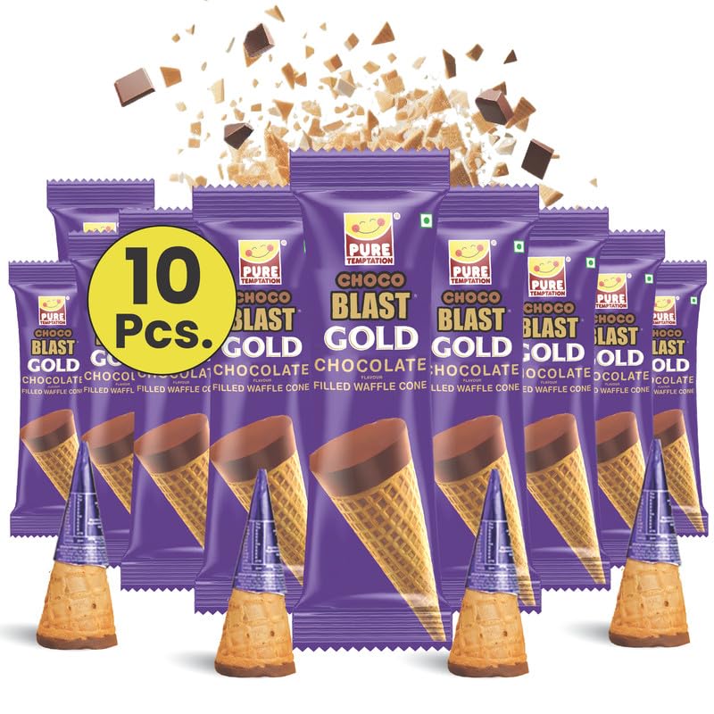 Pure Temptation Gold Chocoblast Waffle Cones [10 Pieces] Snacks for Kids & Adults - Non-Meltable Chocolate Gift Box - Individually Wrapped Chocolate-Filled Waffle Cones Bites for Christmas Gifts