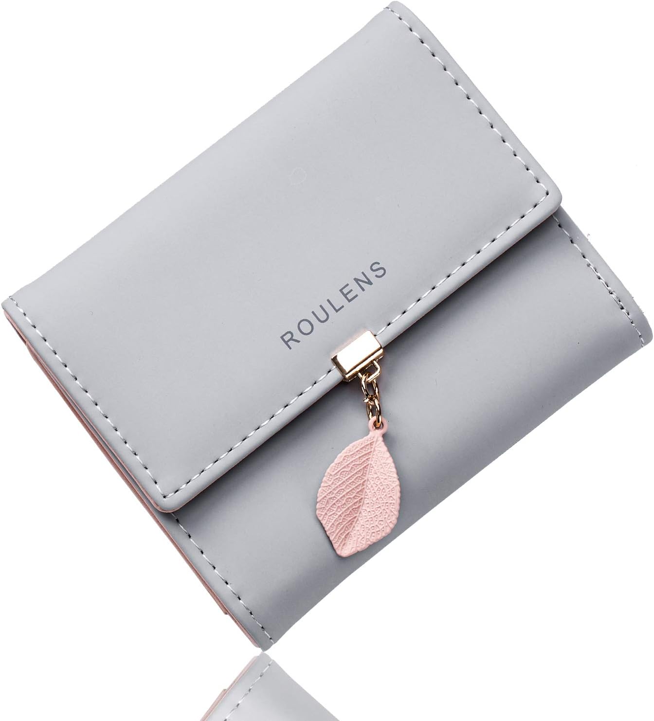 Roulens Ladies Purse, RFID Blocking PU Leather Wallet for Women Leaf Pendant Zipper Coin Purse with Multiple Card Slots and Roomy Compartment