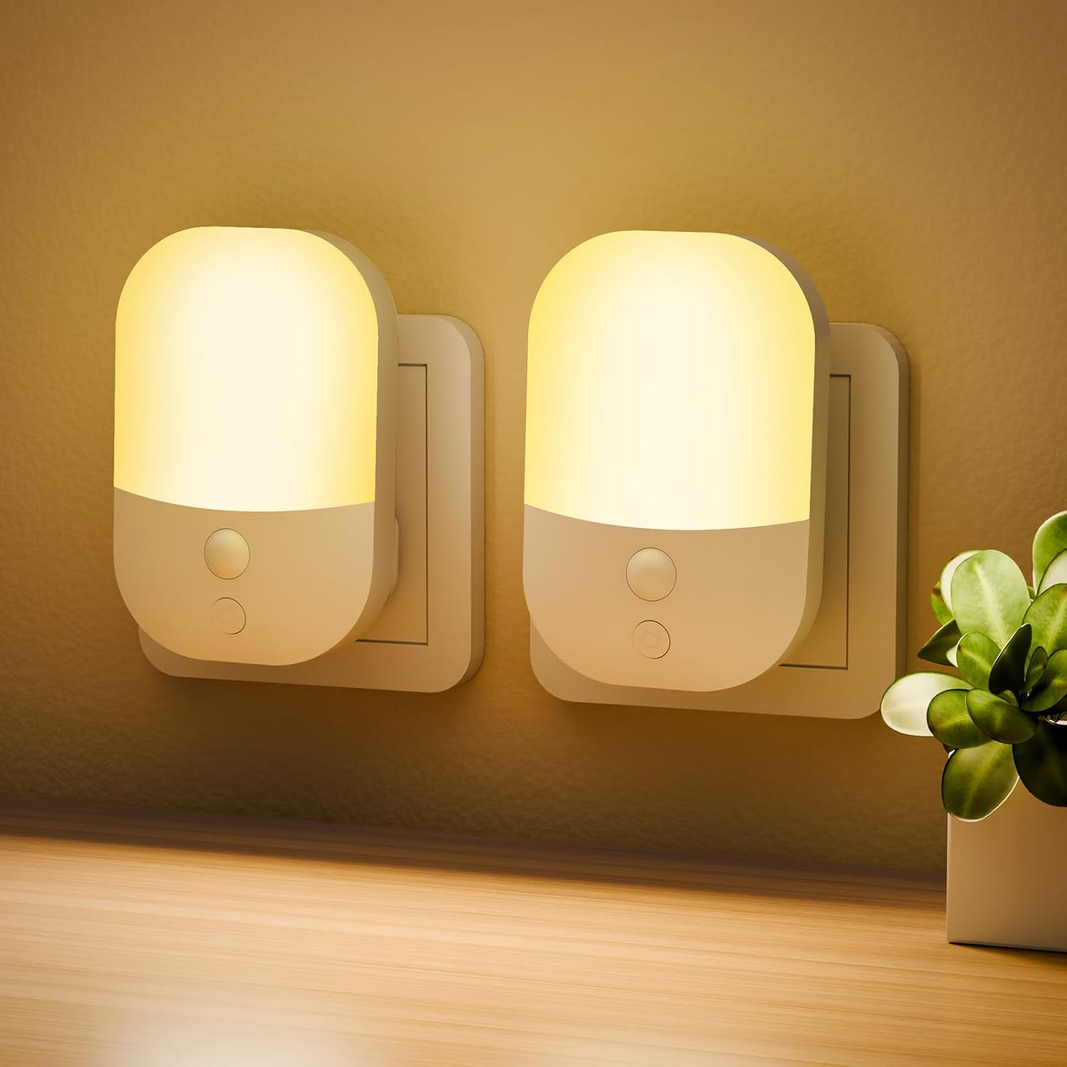 2 Pack Plug in Night Light with Dusk to Dawn Photocell Sensor, 5 Adjustable Brightness Levels, ON/Off/AUTO Modes, 3000K Warm White LED Night Light for Hallways, Stairs, Bedrooms, Kitchens, 0.3W