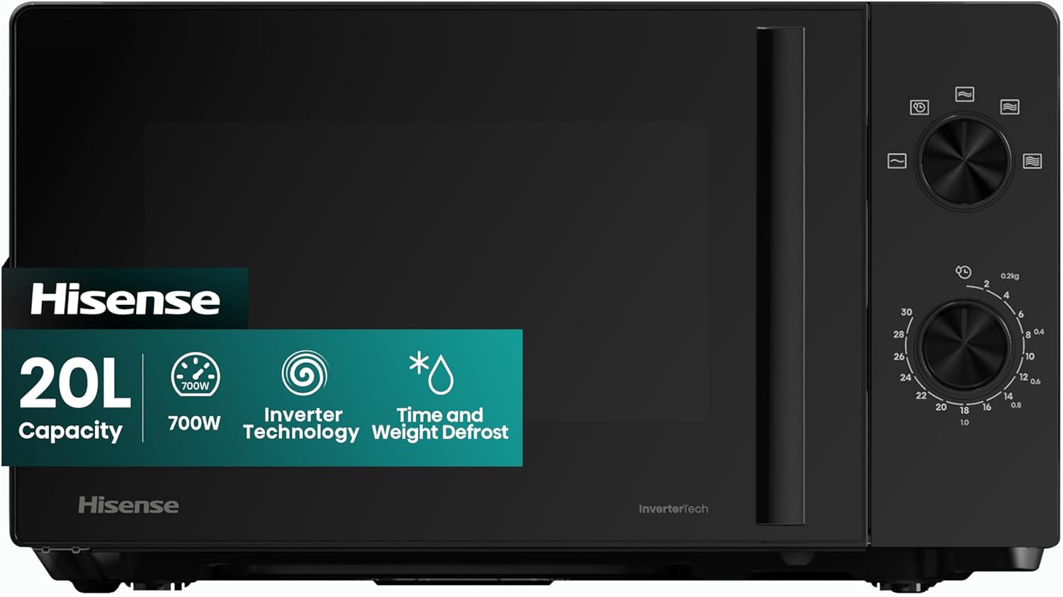 Hisense 700 Watts 20 Litre Inverter Microwave Oven H20MOBP1HIUK Black, Automatic Defrost, 5 power levels, Easy Clean, H24.1 x W43.4 x D32.9 cm Freestanding