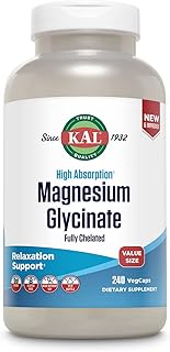 KAL Magnesium Glycinate, New & Improved Fully Chelated High Absorption Formula with BioPerine, Bisglycinate Chelate for Stress, Relaxation, Muscle & Bone Health Support, 60 Servings, 240 VegCaps