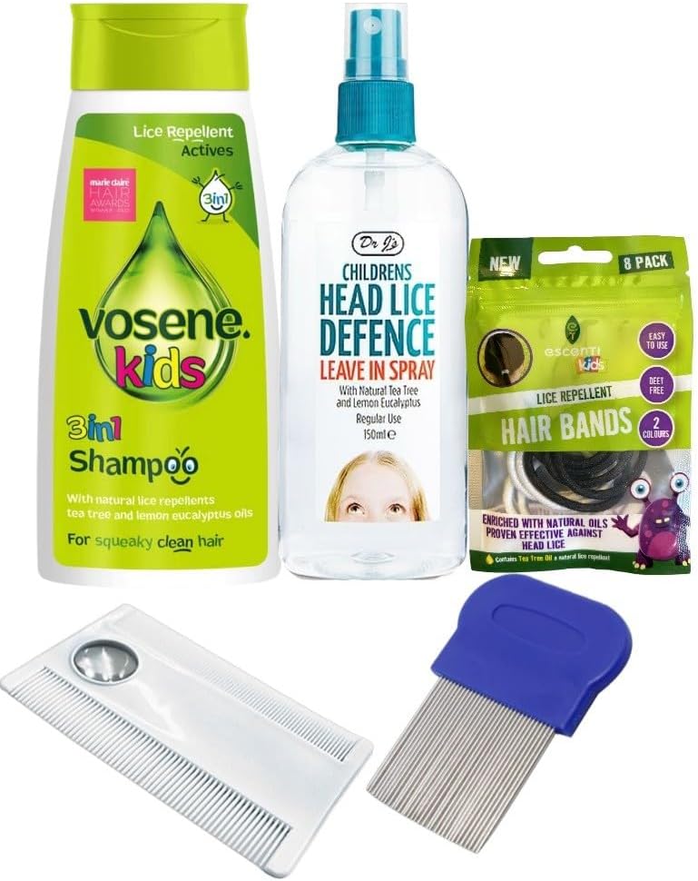 Kids Head lice Defence Bundle Including 3 in 1 Shampoo, Leave in Defence Spray, 2 Styles of Combs and a Pack of lice Repellent Hair Bands