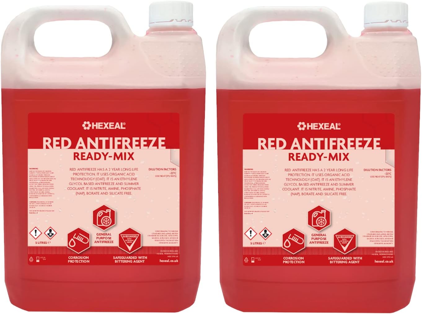 Hexeal Red Antifreeze 10L – 2 x 5L of Ready Mix Long Life Engine Coolant & Antifreeze for Cars & Vans – Summer & Winter – All Year Freeze Protection to -23 Degrees Celsius