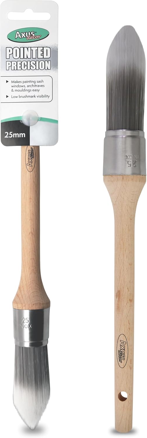 Axus Decor Pointed Precision Paint Brush (Grey Color) - 25mm - For All Sash Windows, Architraves & Mouldings, Smooth Finish, Eco-friendly Bamboo Handles, Anti-Rust Stainless Steel, Synthetic Filaments