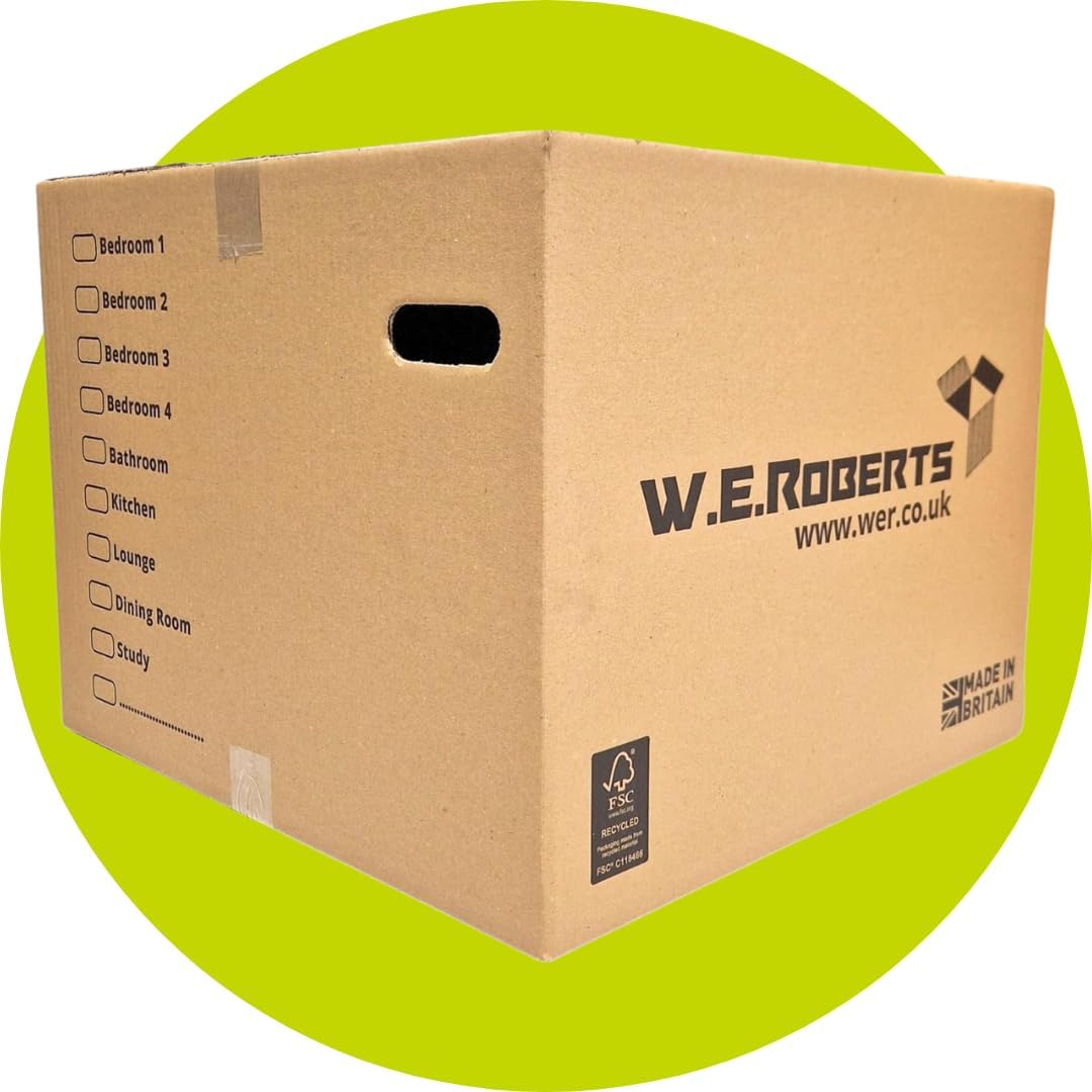 W.E. Roberts 5 Strong Extra Large Cardboard moving Boxes. Packing boxes for moving house with Printed Room List and Carry Handles 52cm x 52cm x 40cm cardboard Boxes
