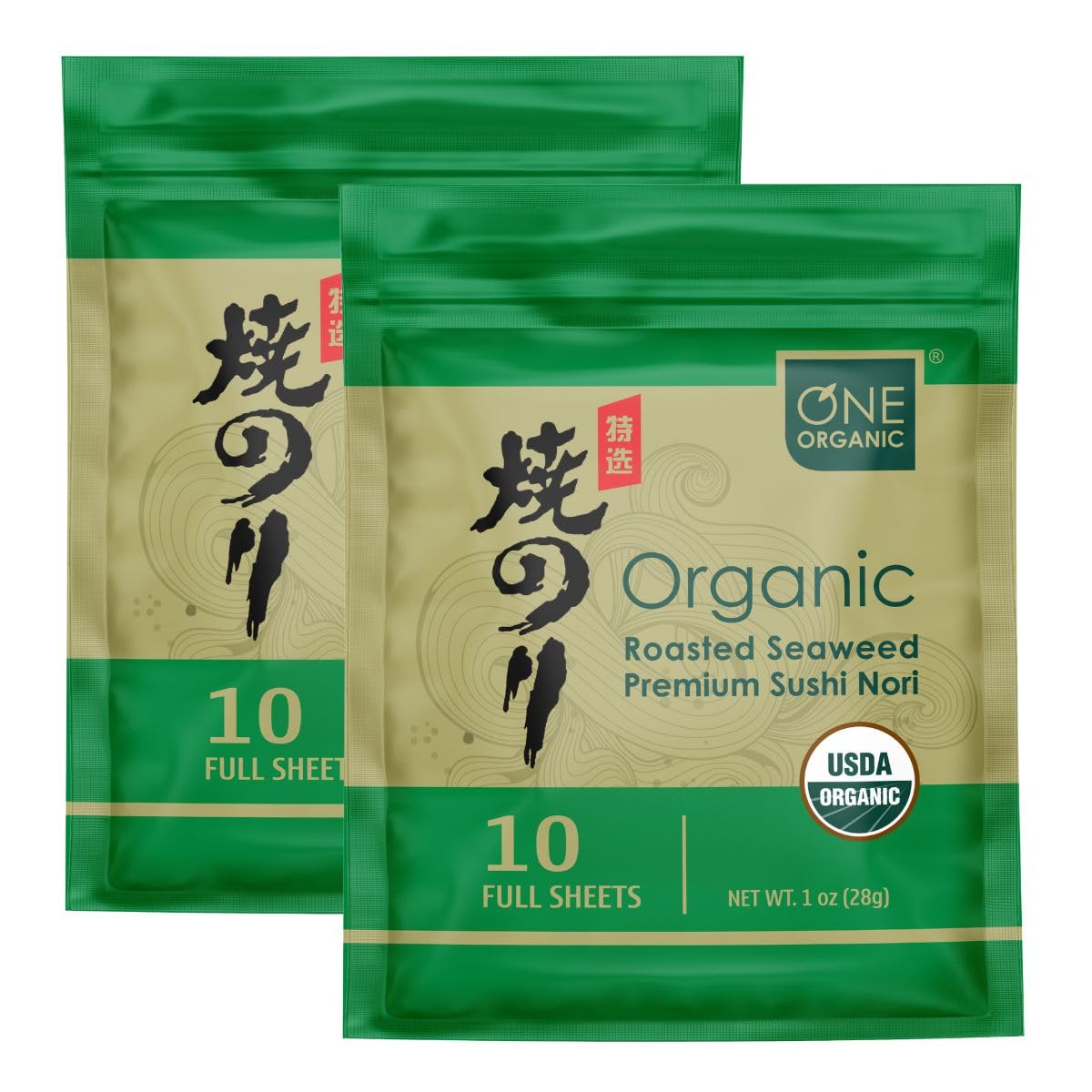 ONE ORGANIC Sushi Nori Premium Roasted Organic Seaweed (10 Full Sheets) - 2 Packs