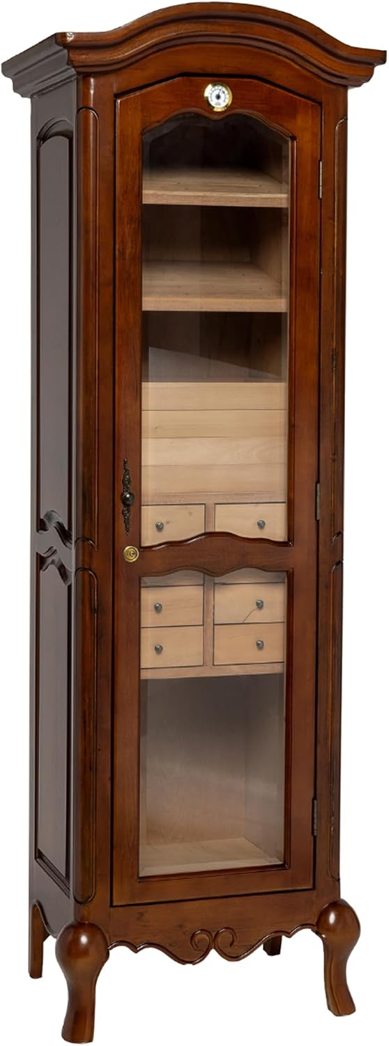 Quality Importers Humidor Supreme Antique Tower Humidor with Drawers & Shelves | Large Cigar Cabinet with Glass Door, Hygrometer & Cedar Lining - Holds 3000 Cigars
