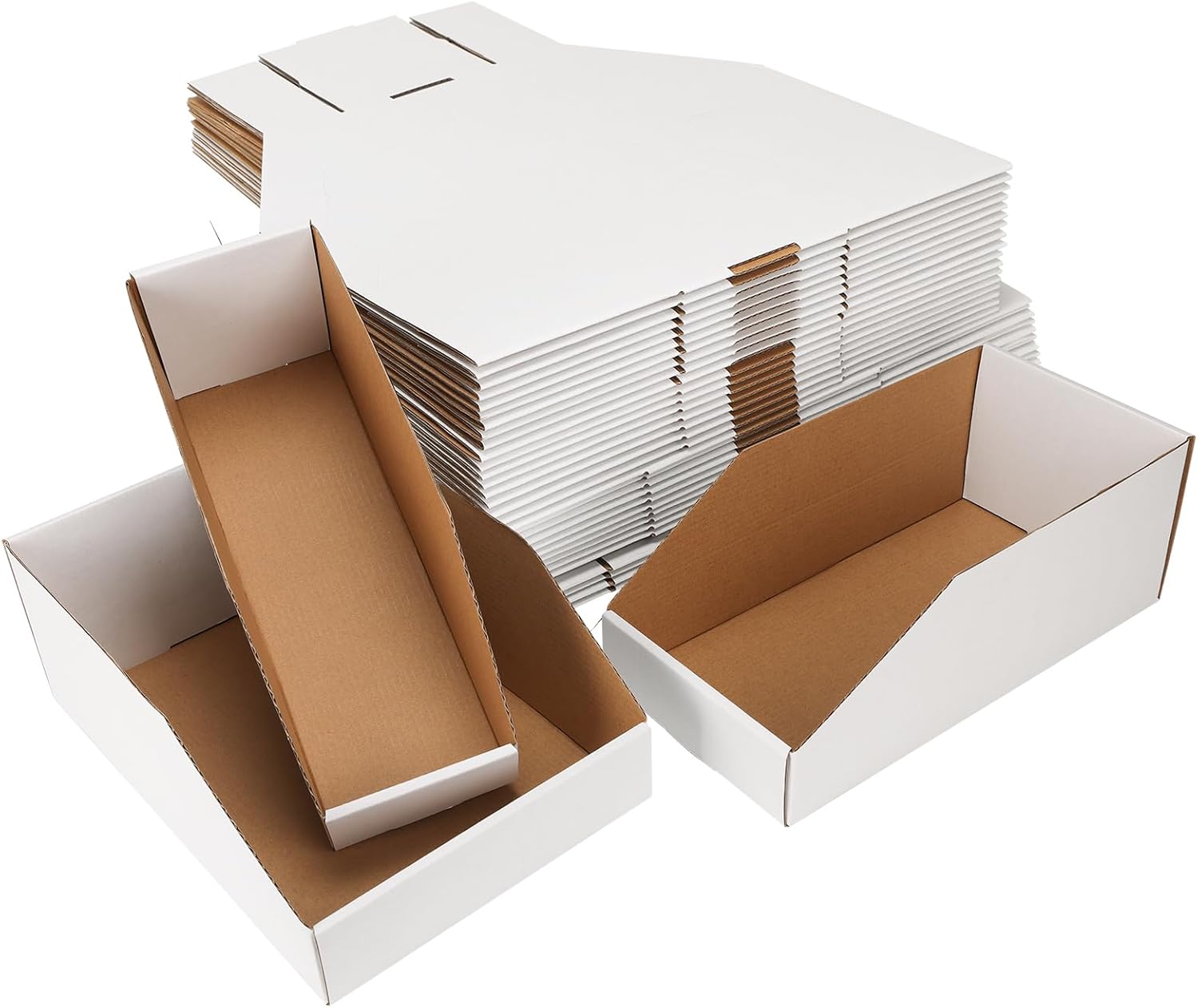 EXYGLO Cardboard Storage Bins Assorted Sizes, 35 Mixed Pack Cardboard Boxes,18 Pack 12x4x4.5, 12 Pack 12x6x4.5, 5 Pack 12x8x4.5 Corrugated Organizer Bins for Pantry, Shelves, Garage, Office, Shop