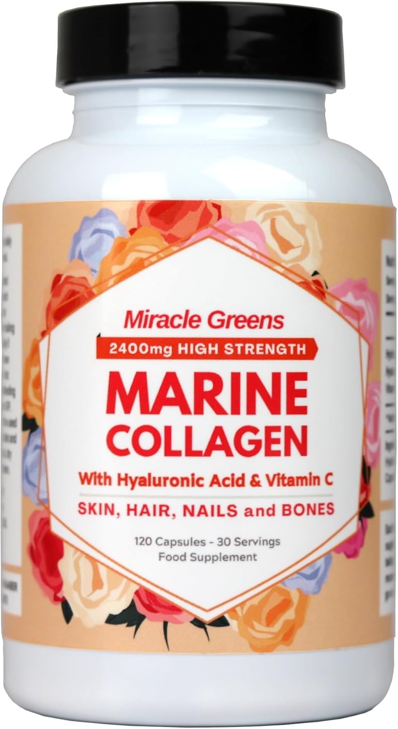 2400mg Marine Collagen Capsules – Highest Strength Type 1 Hydrolysed Collagen with Hyaluronic Acid and Vitamin C - Sourced from Wild Caught Fish - Made in The UK – 120 Capsules for Women