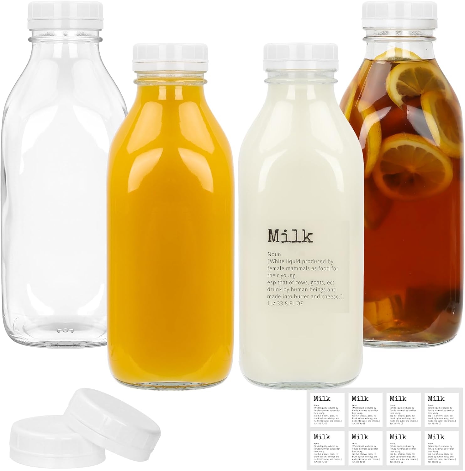 DHSBTLS 4 Pcs Glass Milk Bottles with Lid, 32 oz/ 1L Reusable Glass Milk Container for Fridge to Store Fresh Milk, Airtight Heavy Duty Clear Juice Jar for Juice, Honey, Syrup, Extra 2 Lids& Stickers