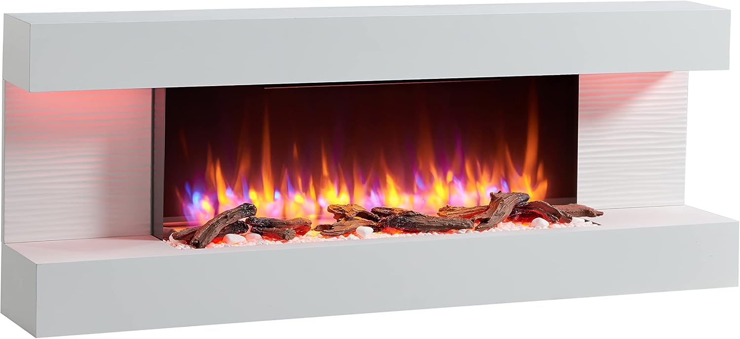 FLAMME Kingston Wall Mounted Fireplace up to 60" with 3 Flame Colours and 13 Mood Lighting Options (60" WHITE)