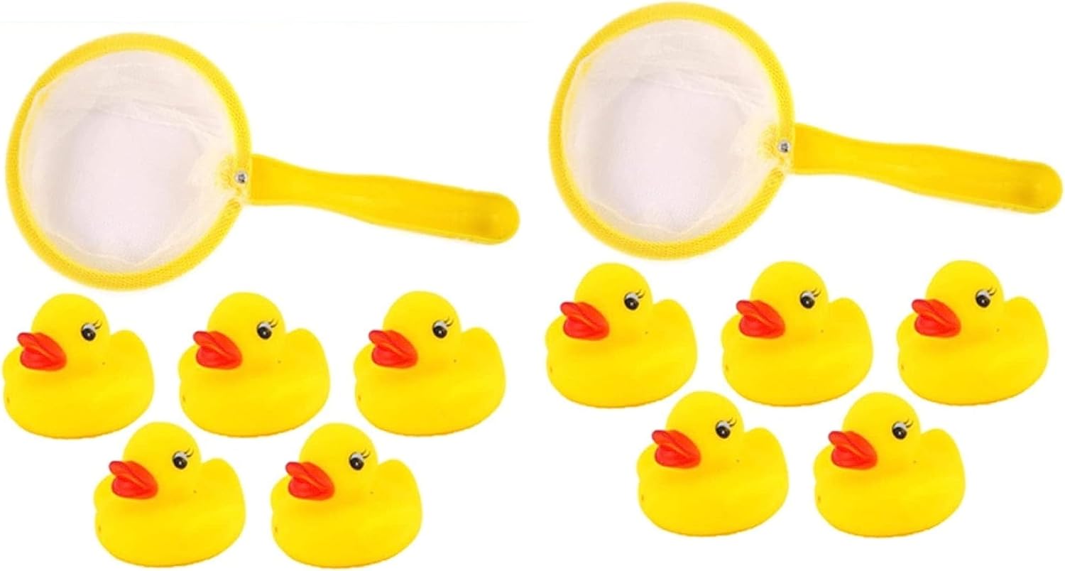 Mini Rubber Ducks 10 with 2 Fishing Net Bath Toy Set - Fun Water Games for Kids, Perfect for Summer Paddling Pools and Baby Showers