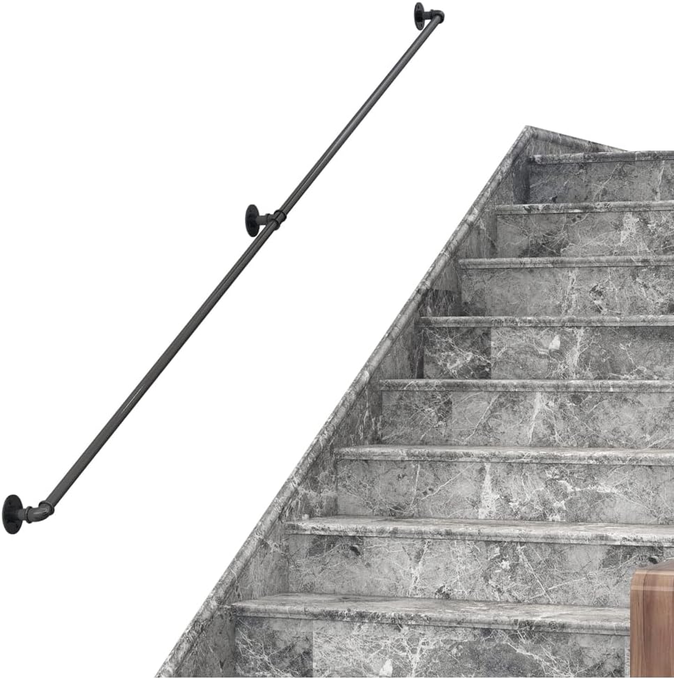 DIYHD 8FT Stair Black Pipe Handrail with 3 Wall Mount Supports,Rustic Black,Round Corner Style