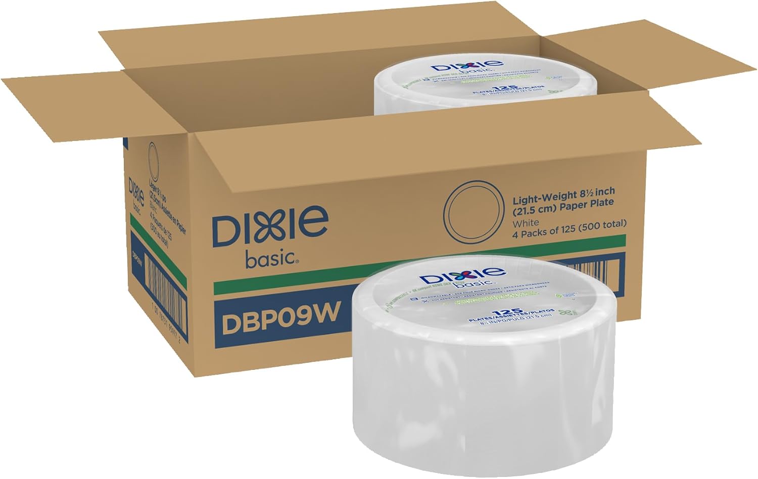 Dixie Basic 8.5 Inch Light-Weight Paper Plates By GP PRO, White, 500 Count (125 Disposable Plates Per Pack, 4 Packs Per Case), DBP09W
