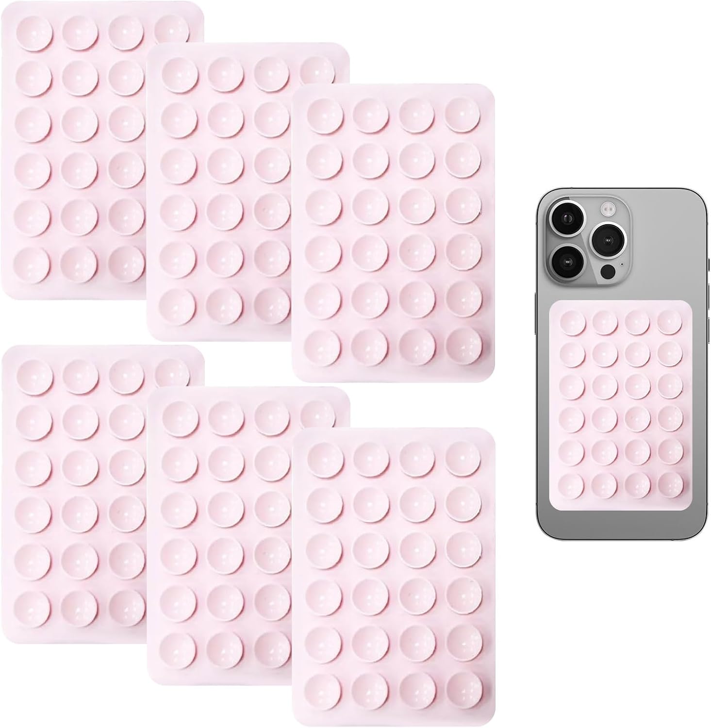 Silicone Suction Phone Holder,6PCS Pink Phone Suction Pad with 24 Grain Square,Sticky Pad Grip for Selfies and Videos