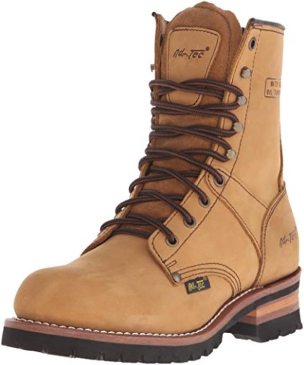 Ad Tec 9in Logger Crazy Horse Leather Work Boots for Men - Plain Soft Toe & Shock Absorbing Non Slip Rubber Lug Sole