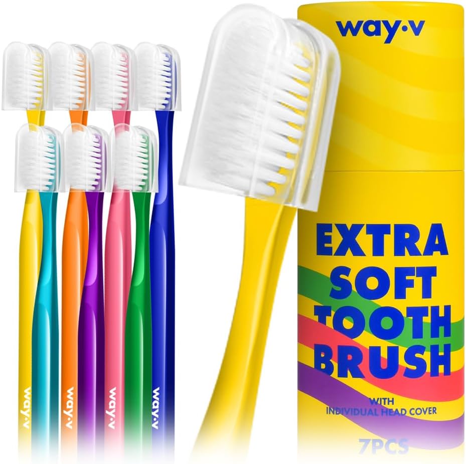 Way.V Extra Soft Toothbrush 7 Pack for Sensitive Gums and Teeth 3000 Ultra Gentle Bristles Brushes with Hygienic Head Covers Friendly Dentist Recommended BPA Free - Family Container 7 Pack
