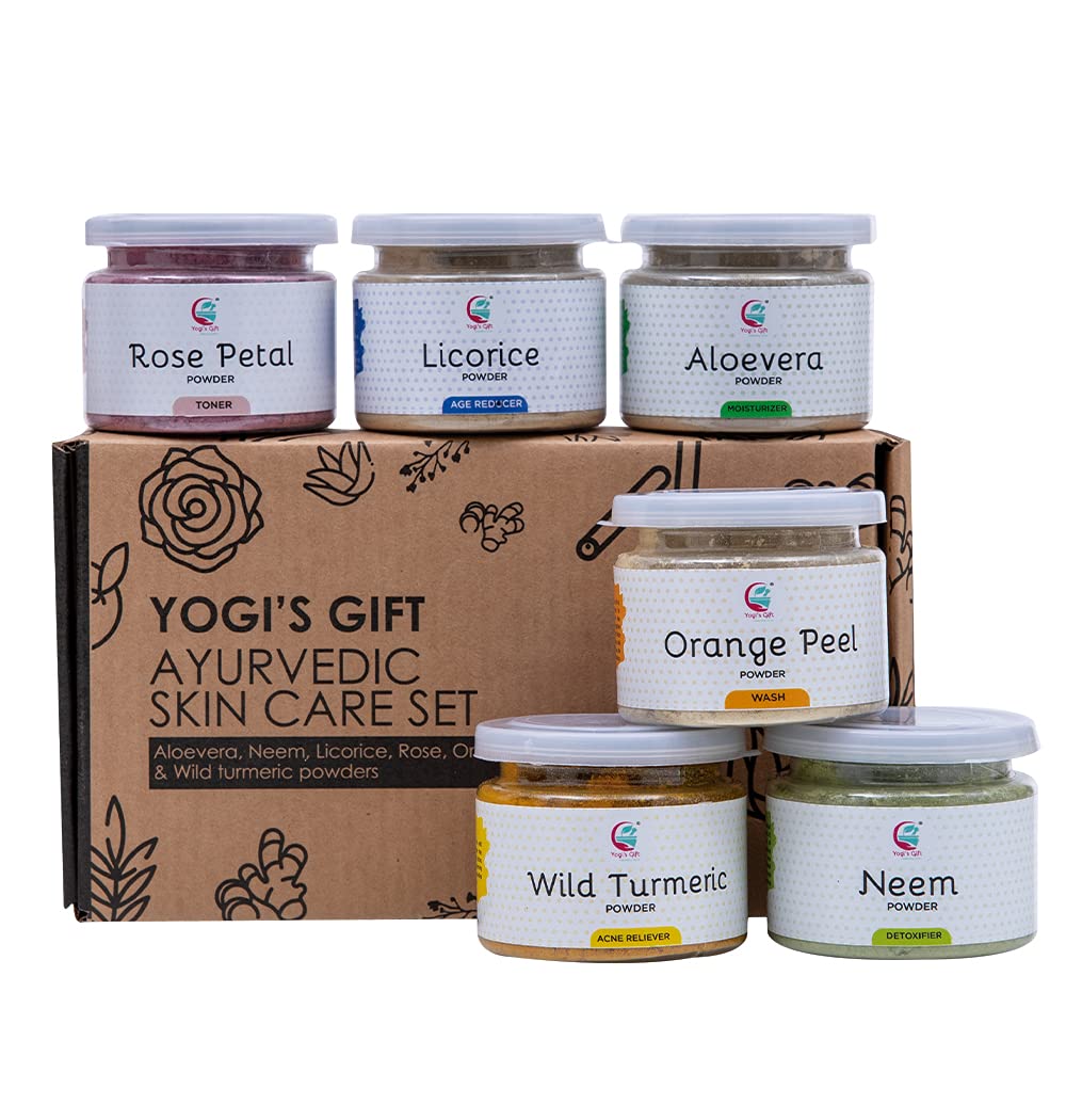 YOGI’S GIFT – Celebrating health Ayurvedic Skin Care Sampler | Six Powders in One Pack | Aloe vera, Rose petal, Wild Turmeric, Licorice, Neem & Orange Peel Powders 1oz Each | Soap Making Ingredient