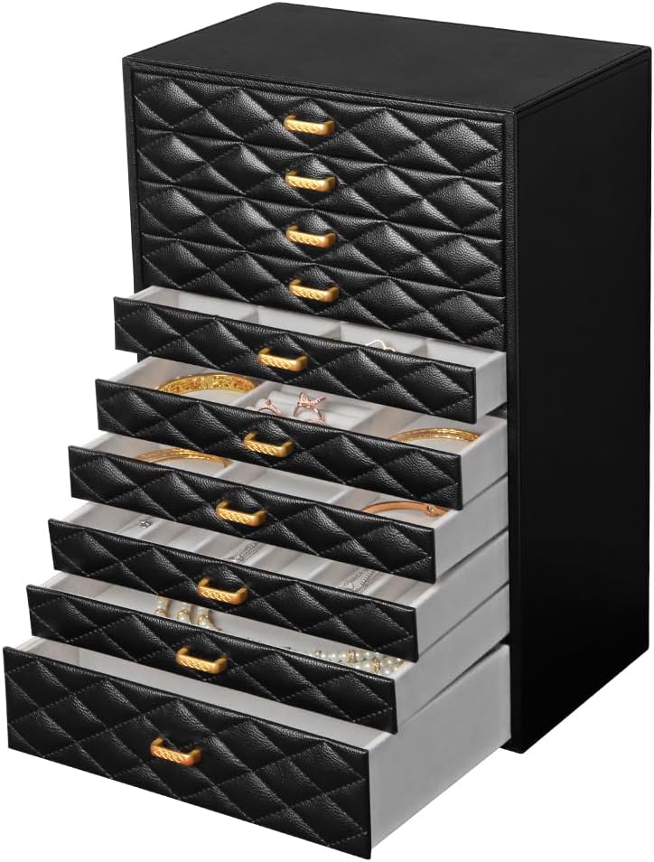 Extra Large Jewelery Box, 10-Layer Storage Case, Faux Leather Organizer with Drawers, Velvet Lining, Scandinavian Nordic Style (BLACK)
