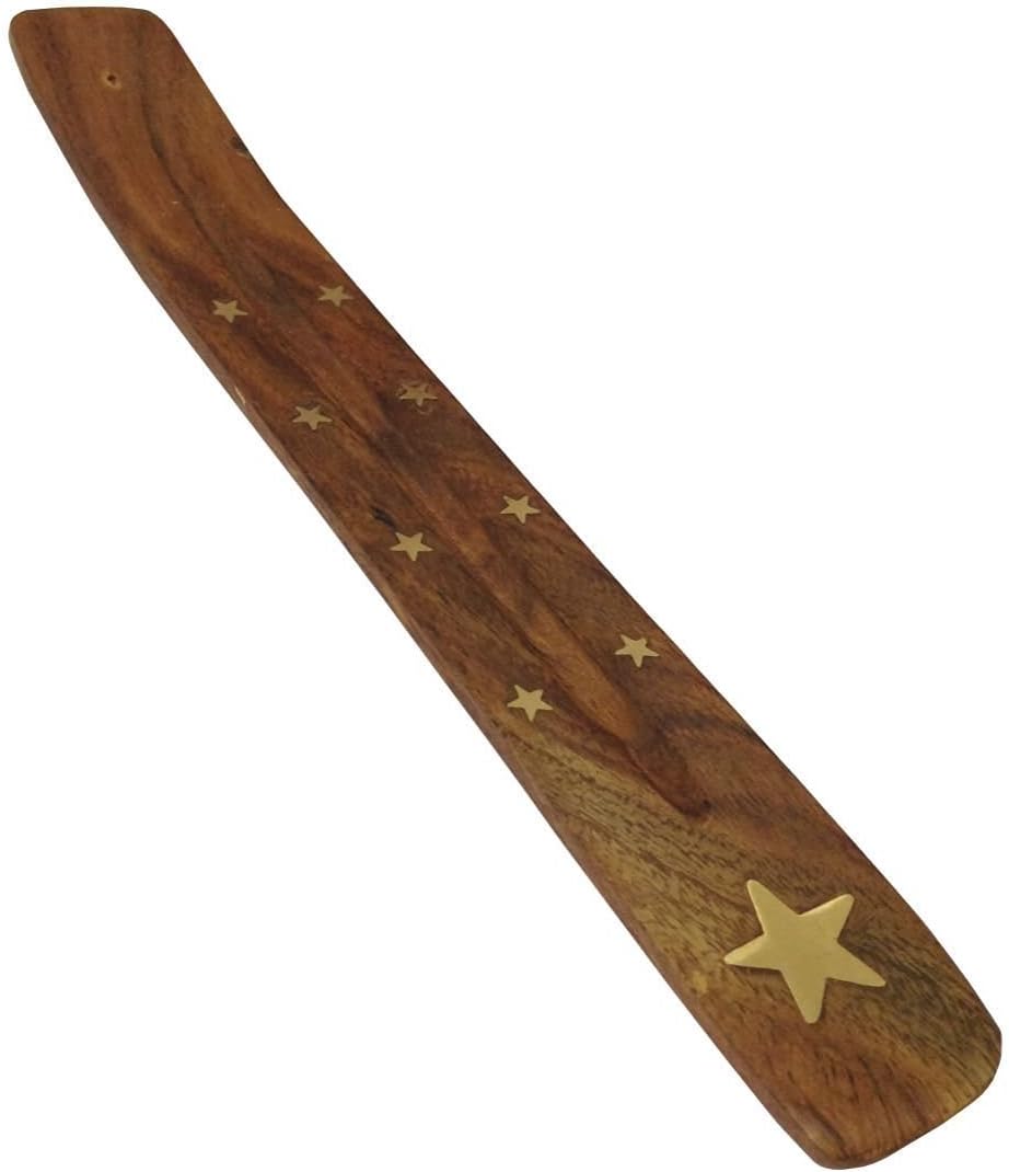 Incense Stand Wooden Ash Catcher with Brass Stars Incense Stick Holder By HomeAdorable (Brown)