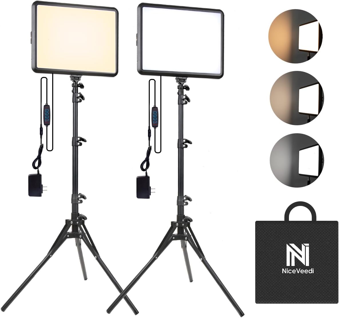 2-Pack Photography Lighting Kit, NiceVeedi 22W LED Video Light Kit, 2900-7000K Dimmable Studio Light with Tripod Stand, 73" Stream Light for Video Recording