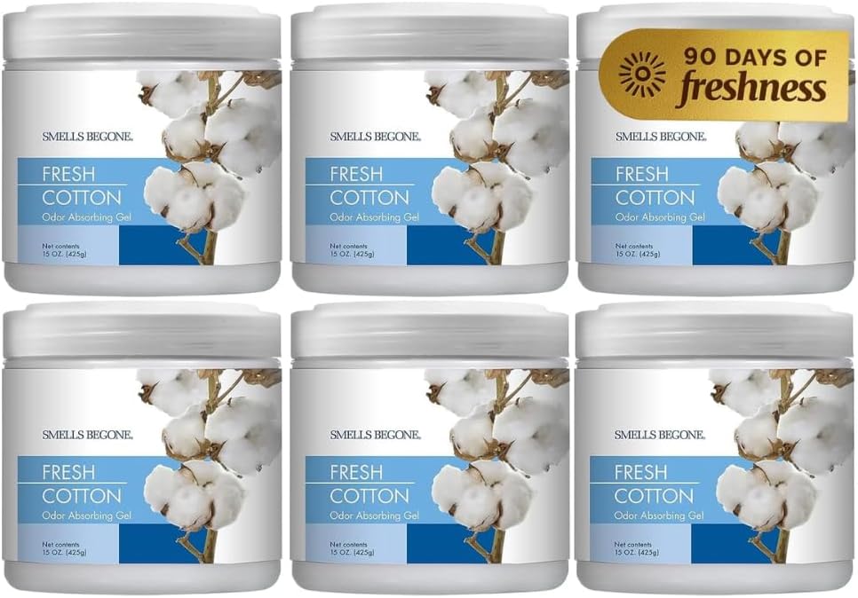 SMELLS BEGONE 15oz Gel Odor Eliminator - Absorb & Remove Tough Odors in Pet Areas, Bathrooms, Basements, Garage, Cars, RVs & Boats - Eliminate Odors Quickly (6-Pack, Fresh Cotton)