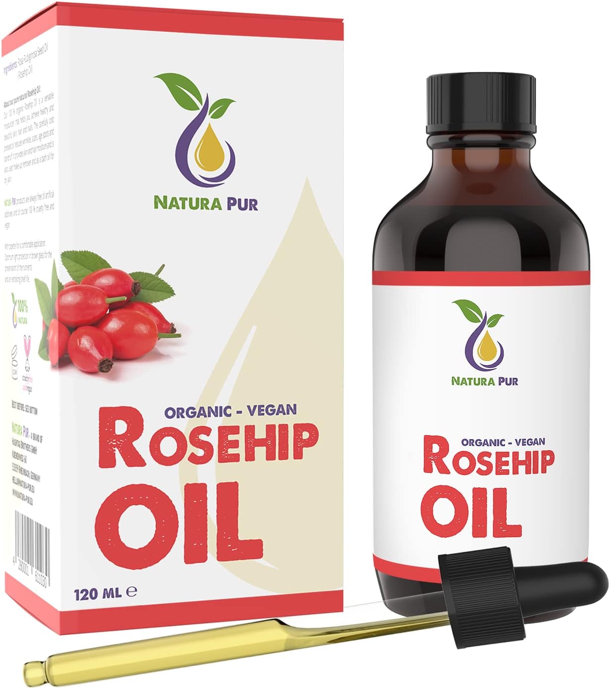 Rosehip Oil 120ml - 100% organic, cold pressed, vegan - Anti-aging Rose Hip Seed Oil for face, skin, body, hair, hands