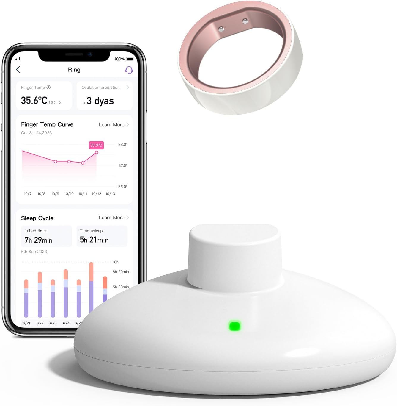 femometer Smart Ring Gen 1, Ovulation, Cycle and Sleep Tracker, Wearable Finger Temperature Monitoring Sensor with App Auto-Sync, Period and Sleep Analysis, Rechargeable and Waterproof Size7