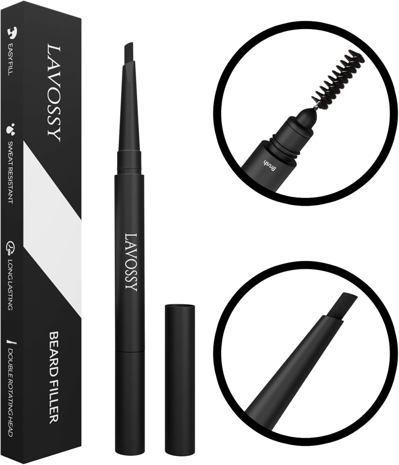 LAVOSSY Void Beard Filler Pencil Dark Brown with blending brush, Easily Fill with beard pencil filler for men, Water/Sweat Proof for All Hair Types