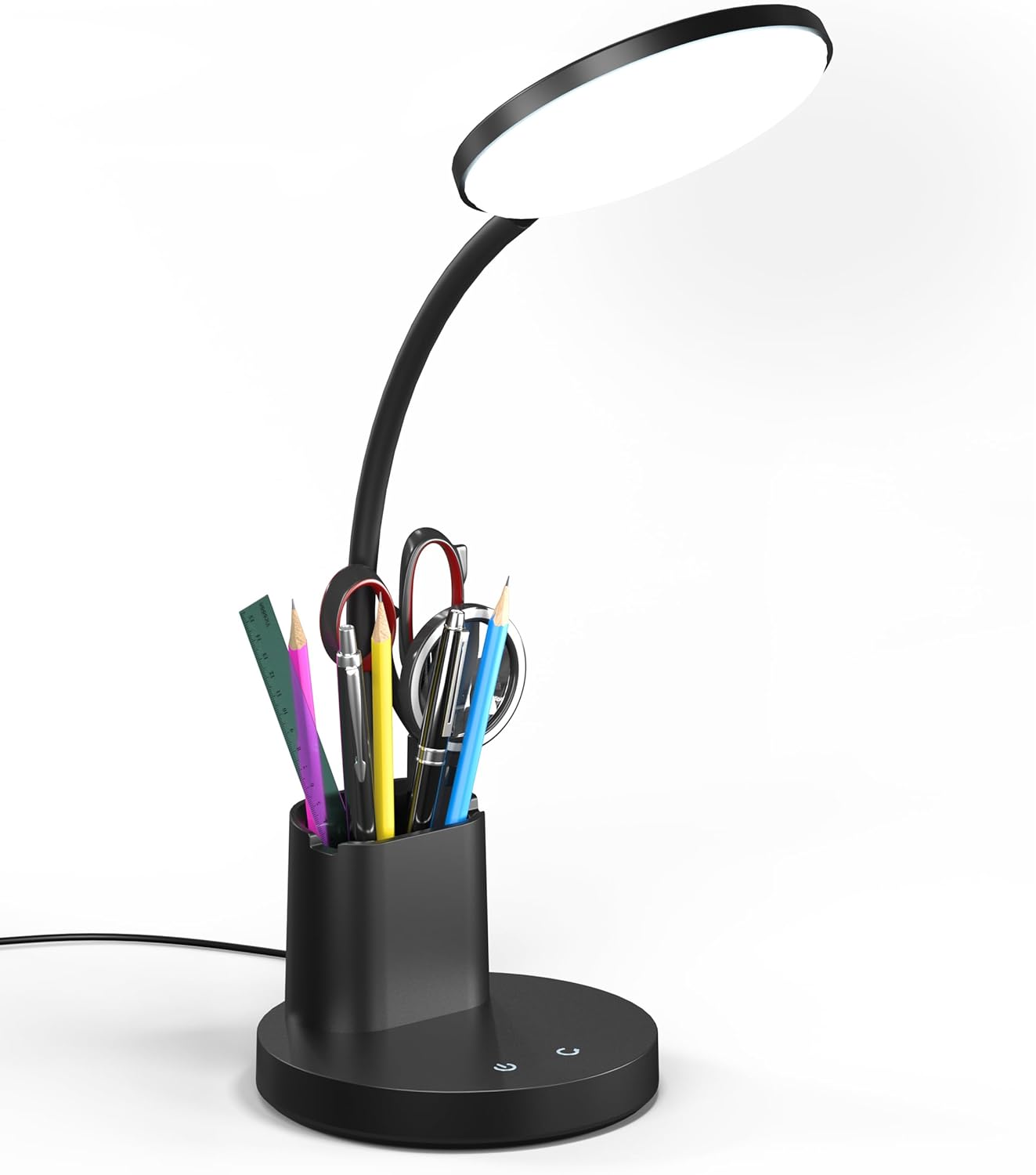 Desk Lamp, LED Desk Lamp for Home Office, Touch Table Lamp with 3 Color Modes 360° Adjustable Arm, Dimmable Desk Light with Pen Phone Holder, Black