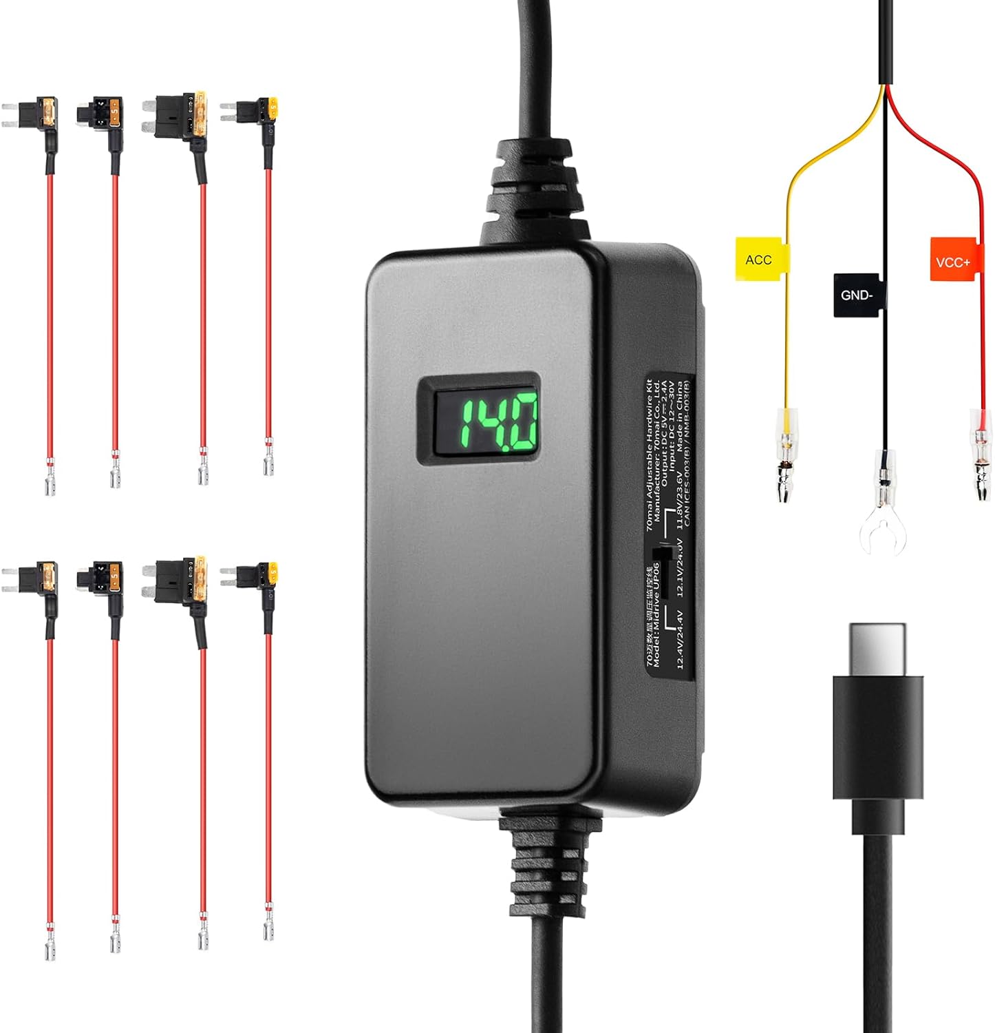 70mai Adjustable Hardwire Kit UP06 for Type-C Dash Cams, 3-Level Low Voltage Protection, Real-Time Voltage Display, 24H Parking Mode for M200/M310/M500/A510/A500S/A810/A800SE/X800/T800 Car Cameras