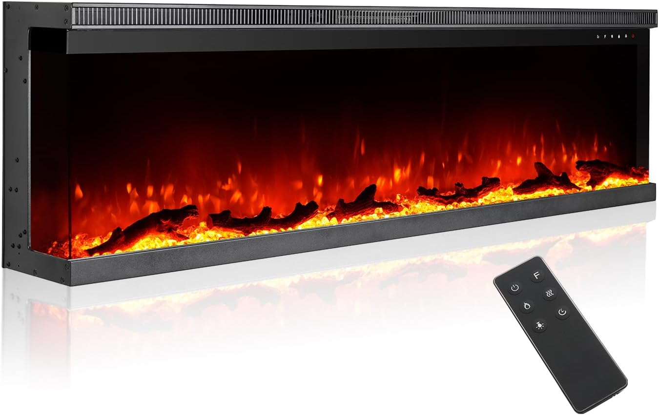 M.C.Haus 3-Sided Luxury Electric Fireplace with 3 Installation Ways, Recessed Fireplace on Multi-Media Wall, Electric Flame Effect with 9 Color, Remote&Control Panel, 1800W, 153cm/60”, Black
