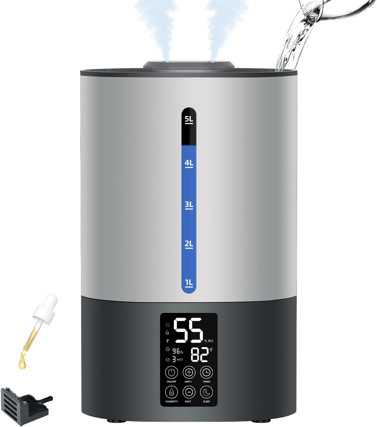 5L Humidifiers for Bedroom and Plants, Ultrasonic Cool Mist Humidifiers for Baby home Mist Top Fill Desk Humidifiers Essential Oil Diffuser, Quiet Humidifiers with Adjustable Mist,360°Nozzle-Gray