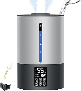 5L Humidifiers for Bedroom and Plants, Ultrasonic Cool Mist Humidifiers for Baby home Mist Top Fill Desk Humidifiers Essential Oil Diffuser, Quiet Humidifiers with Adjustable Mist,360°Nozzle-Gray