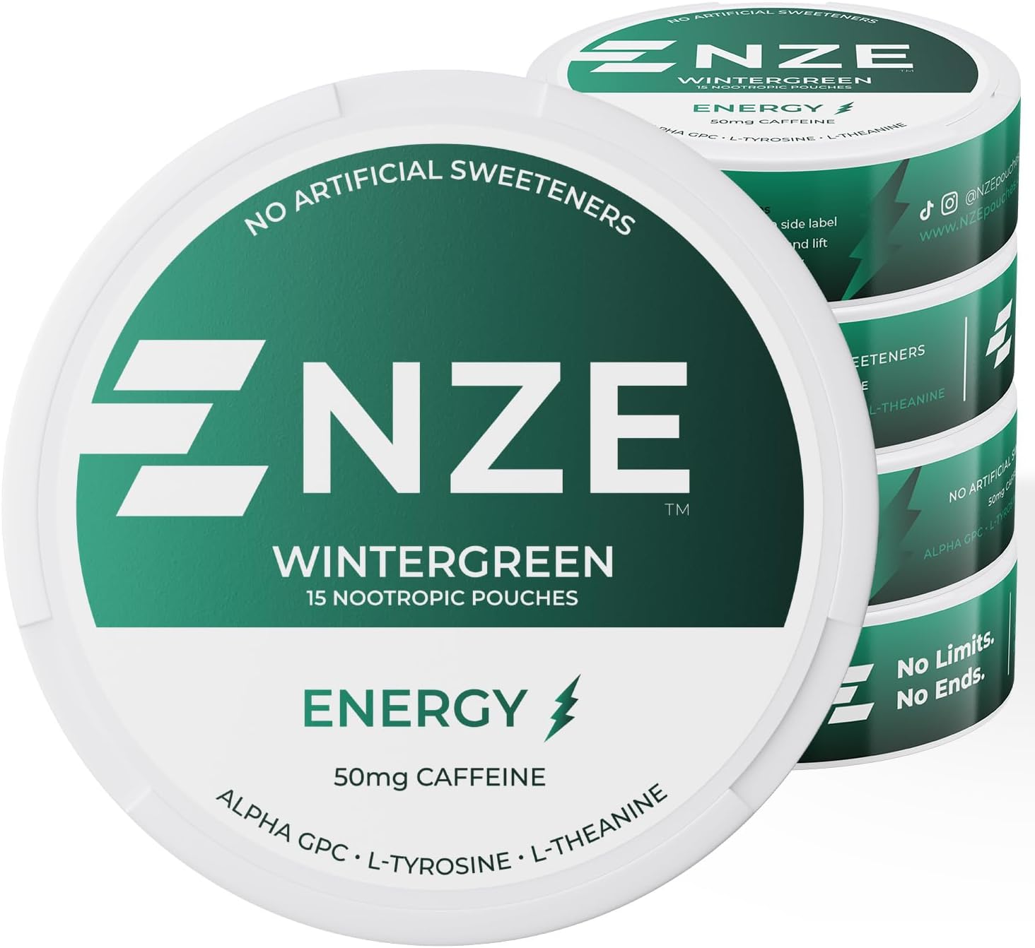 NZE Caffeine Nootropic Pouches (Wintergreen) - Energy Pouches with 50mg Caffeine, Alpha GPC, L-Tyrosine & L-Theanine with No Sugar or Artificial Sweeteners - 15 Pouches Per Can - 5 Pack