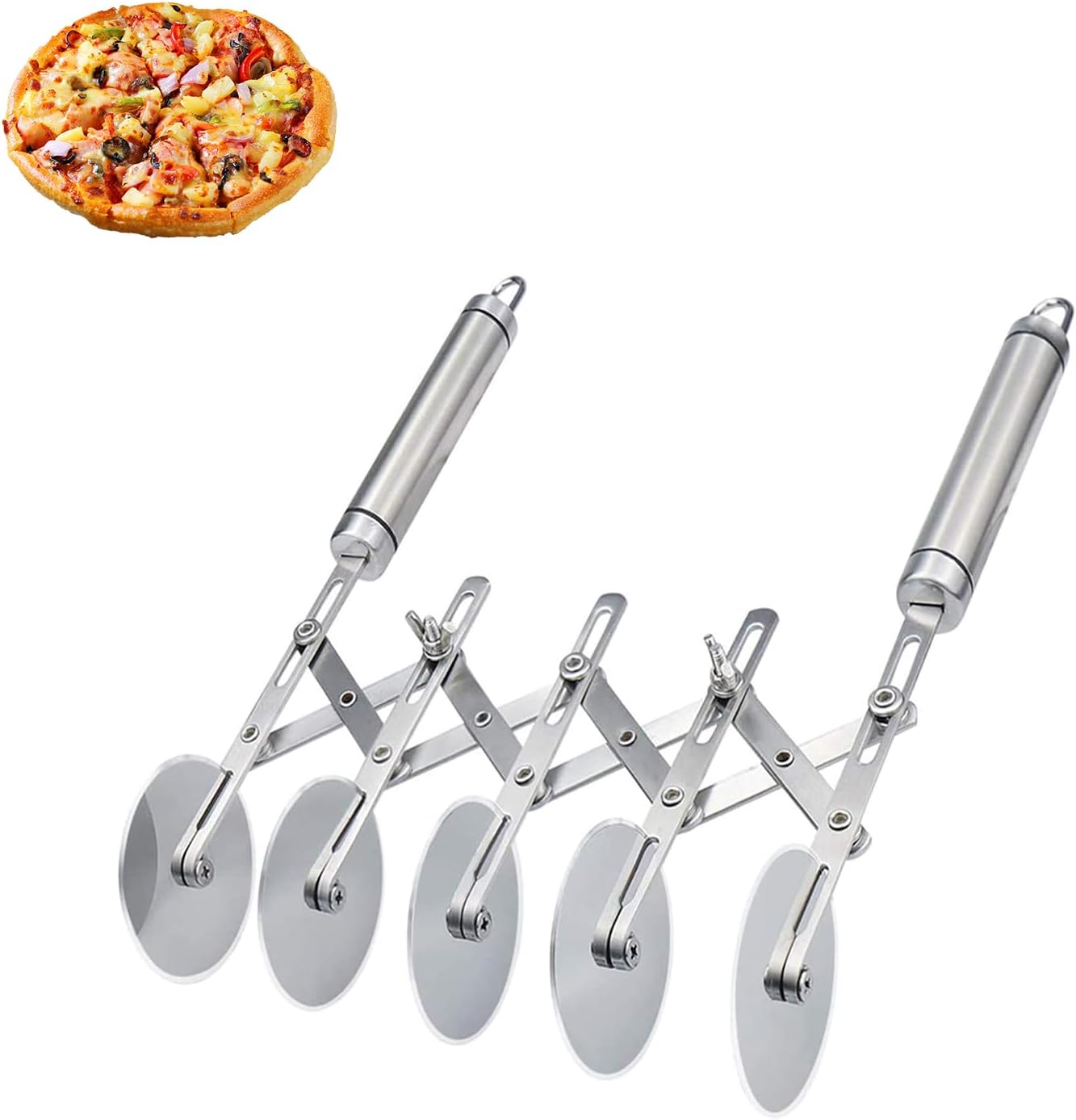5-Wheel Dough Cutter, Adjustable Pizza Cutter with Handles, Stainless Steel Pastry Wheel, Dishwasher Safe Cake Cutter for Pizza, Cakes, Dough