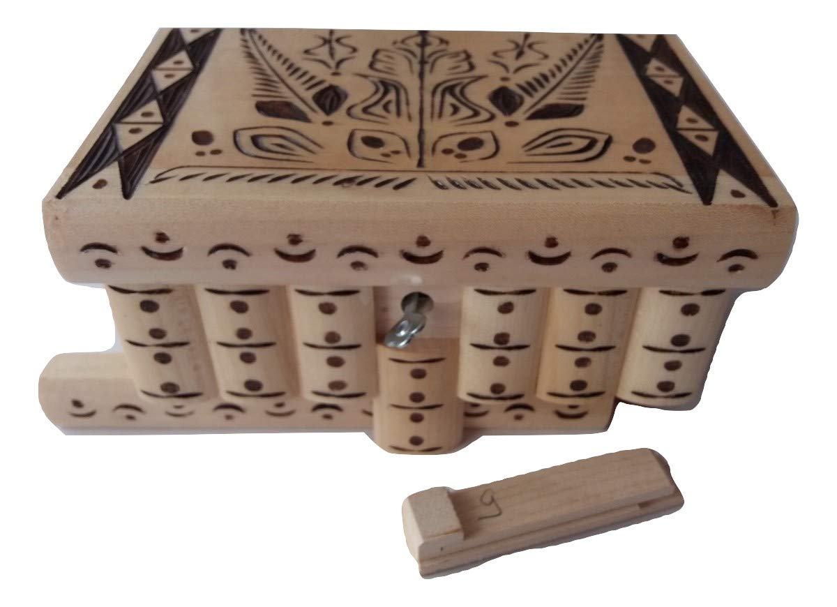 New magic box mystery puzzle box secret handmade tricky carved wooden box with hidden key secret storage for money (Natural with Brown carving)