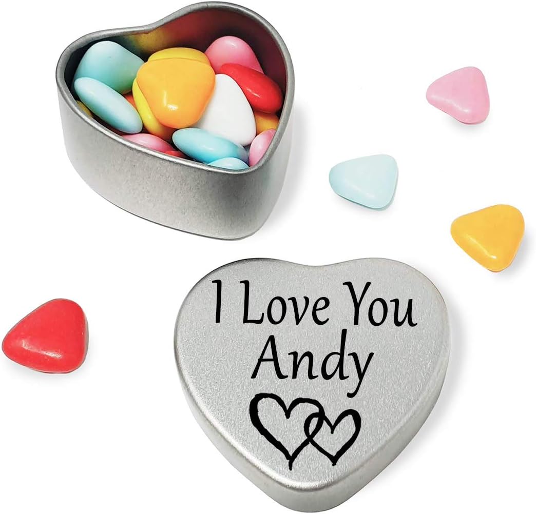 I Love You Andy Mini heart shaped silver gift tin filled with mini chocolates. Great as a birthday present or a gift to show someone special how much you love them