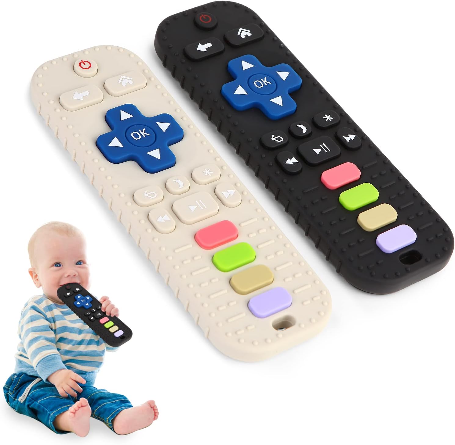 Hooku 2 Pack Silicone Teethers for Babies 0-6 Months, Teething Toys for Babies 6-12 Months, Baby Remote Control Toy, Infant Toys 0-3 Months, Sensory Chew Toys, Toddler Newborn Baby Gifts