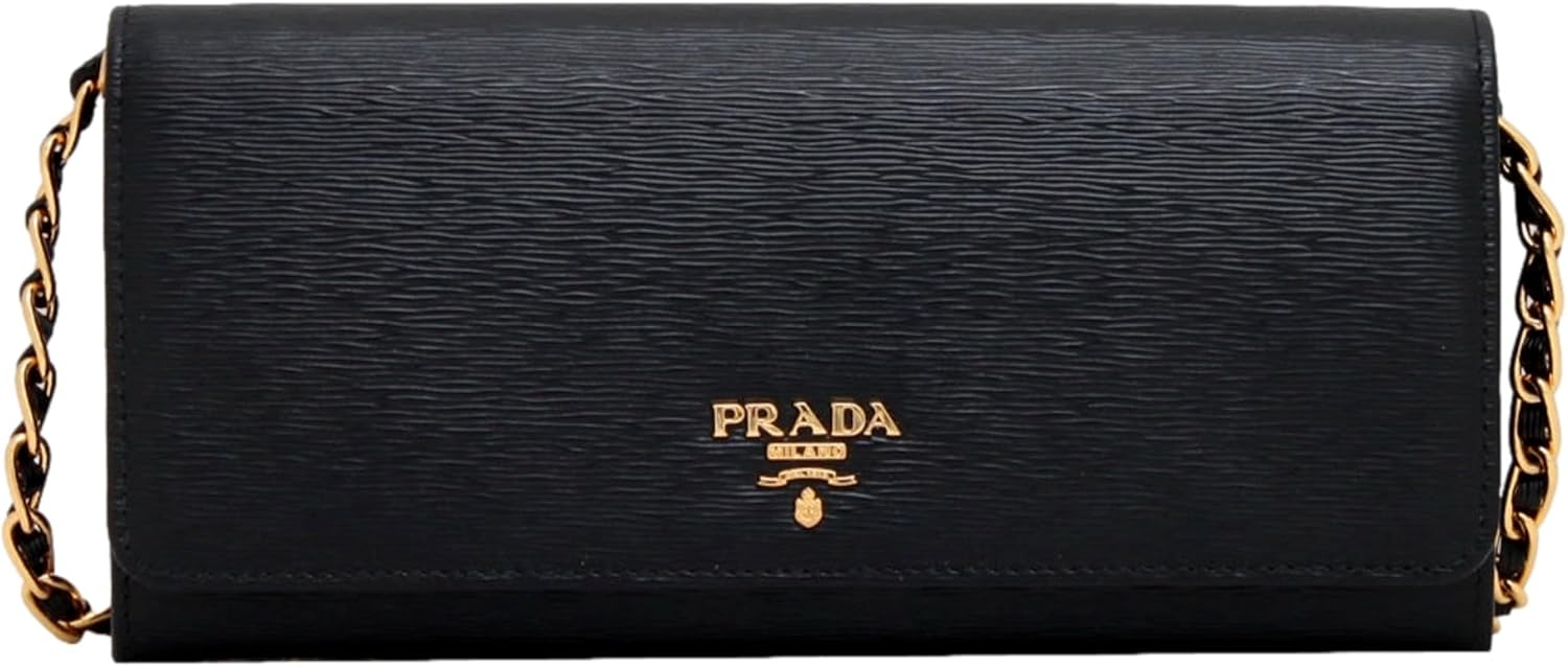 Prada Womens Black Vitello Move Leather Chain Wallet Crossbody 1MT290